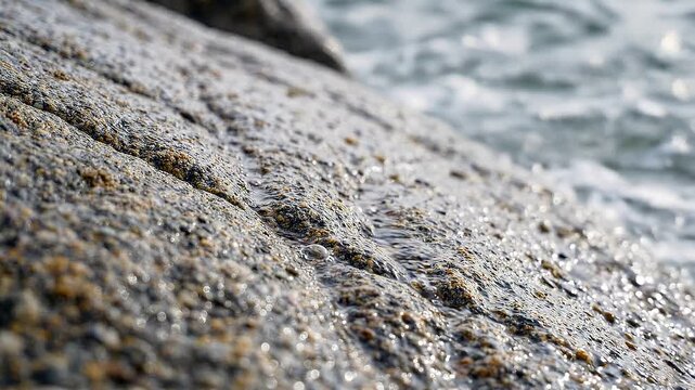 Clear Ocean Water Waves Splashing over Granite Rock Surface Close Up