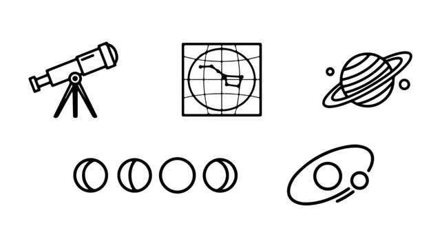 Astronomy and space exploration icons showing telescopes, planets, and celestial objects.