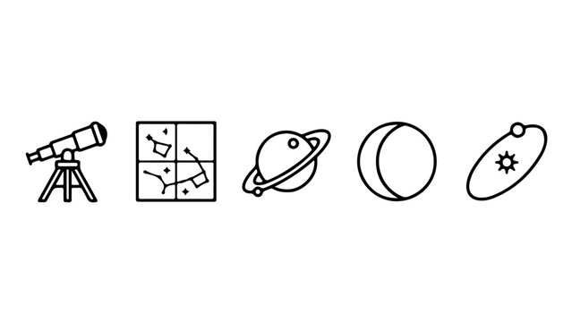 Flat icons illustrate astronomy and scientific exploration concepts in a stylized format.