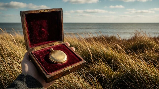 Hand holds open antique gold locket in velvet box near ocean. Tall dry grass surrounds the kepicake with calm sea and sky background. Cherished memory.