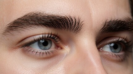 Fototapeta premium Man detailed blue eye with natural brown eyebrows and clear skin texture. Macro view shows sparse lashes and healthy skin under bright light, subtle eye wrinkles are visible.