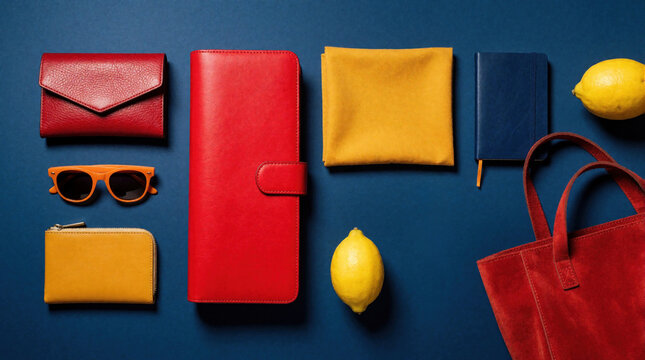 Vibrant flat lay composition of red and yellow accessories including purse, wallet, sunglasses, notebook, tote bag, and lemons on blue backdrop. Stylish arrangement for fashion or lifestyle.
