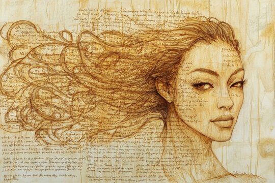 Abstract portrait of an asian female with flowing hair and script