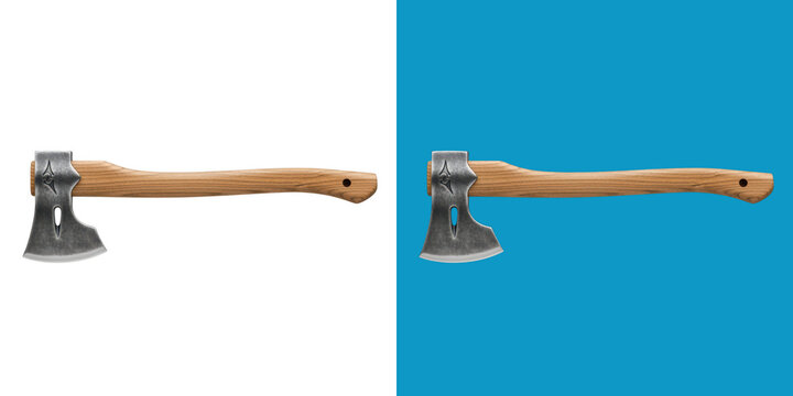 Two rustic wooden axes on a blue background