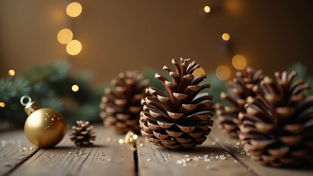 Pinecones and gold baubles rolling gently across wooden table, warm light