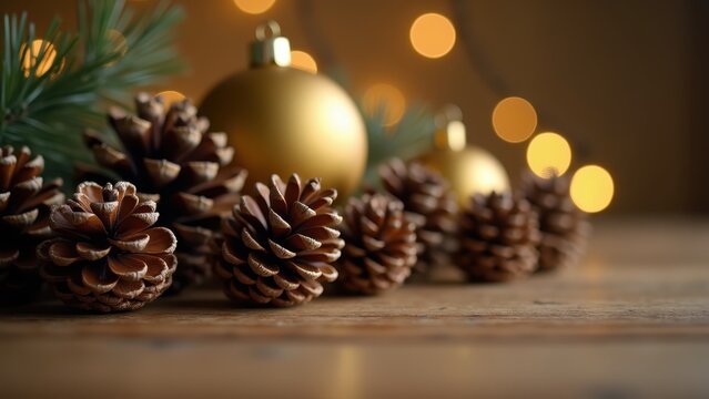 Pinecones and gold baubles rolling gently across wooden table, warm light