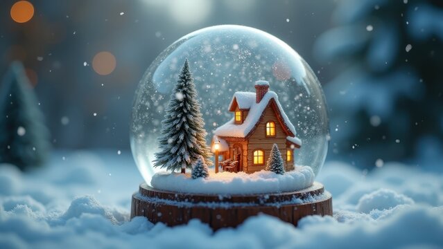 Snow globe scene with tiny village, snow swirling inside after gentle shake, warm glow