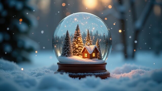 Snow globe scene with tiny village, snow swirling inside after gentle shake, warm glow