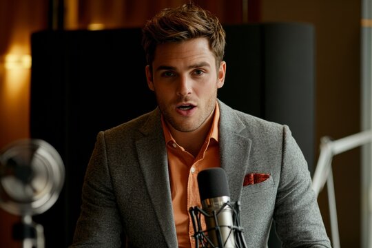 Young caucasian male podcaster in stylish suit behind microphone
