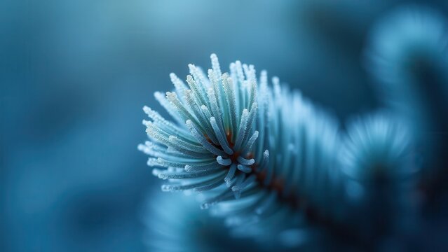 Macro timelapse of frost crystals forming on pine needle, cold blue light, slow creeping ice pattern