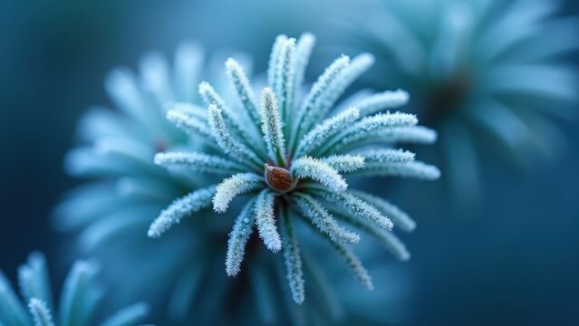 Macro timelapse of frost crystals forming on pine needle, cold blue light, slow creeping ice pattern