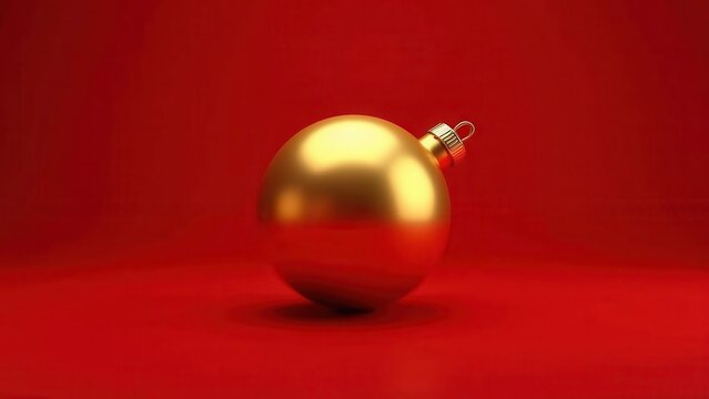 3D render of golden ornament ball slowly rotating on red velvet