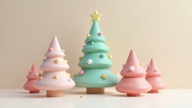 3D claymation style Christmas tree with rounded soft shapes, pastel colors, playful toy-like render