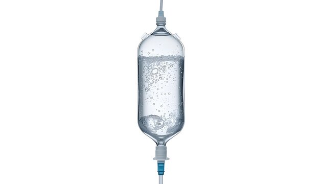 Medical IV Drip Bottle with Bubbles Isolated on White