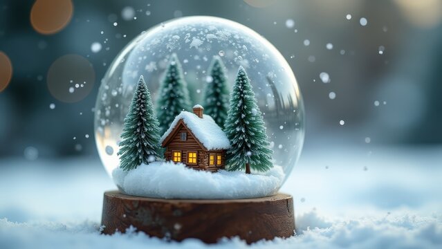Snow globe with tiny pine trees and cabin, soft falling glitter inside glass, sharp crisp macro focus