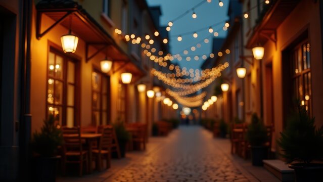 Cozy European street at night with glowing tavern windows and string lights, warm bokeh, sharp cinematic focus