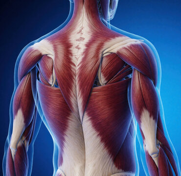 Human upper back muscles detailed view. Shows trapezius deltoids and rhomboids. Anatomical muscles illustration useful for health care and fitness topics.