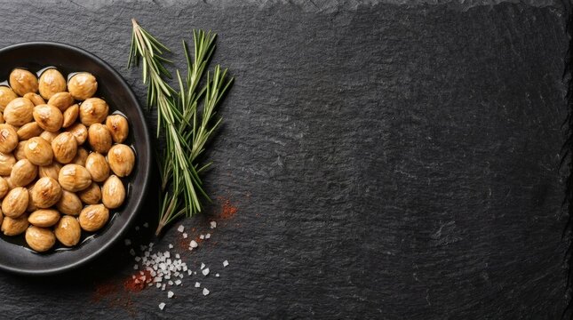Marcona Almonds and Rosemary on Basalt Food Background Copyspace