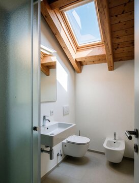 Bright modern bathroom with white sink toilet bidet and frosted glass shower door. Sloped wooden ceiling beams and large skylight flood room with natural light.