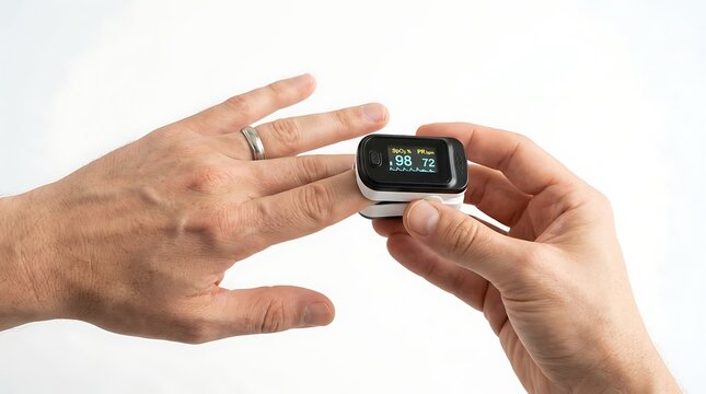Person monitoring blood oxygen saturation levels using portable digital pulse oximeter device on finger with against white background saturation heart rate
