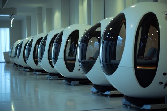 Futuristic pod chairs in modern workspace setting