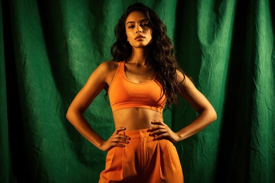 Woman wears orange bralette and pants against green backdrop. She poses confidently with hands on hips, exuding style and grace. Her radiant skin and dark wavy hair complement the vibrant outfit.