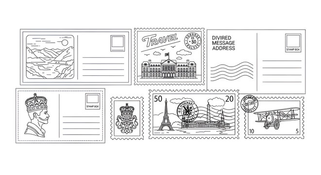 Vintage Postcards and Postage Stamps Thin Line Art Vector Set