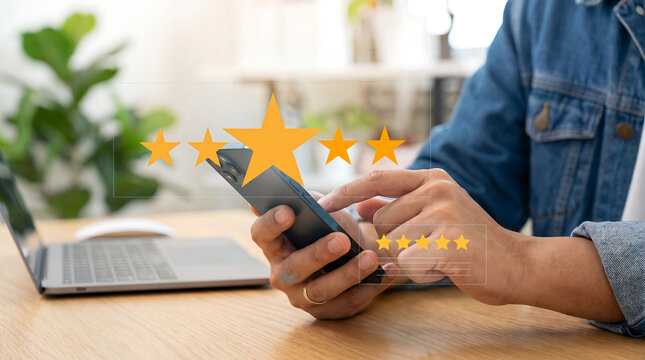 Ecommerce customer review and five-star rating concept &ndash; online shopper using smartphone to leave product and service feedback, symbolizing trust, satisfaction, and brand reputation