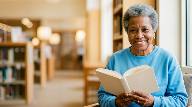 Smiling senior Black woman reading a book in a library. Happy elderly female pensioner holding an open book with blank pages. Lifelong learning and education concept. Copy space