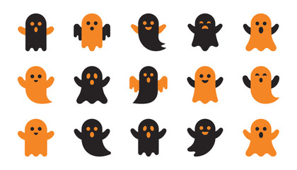 Fototapeta premium Set of cute cartoon ghost characters in orange and black colors for halloween party design elements