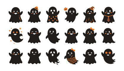 Obraz premium Set of cute black ghosts with orange details for halloween party decoration and festive graphic design elements