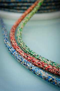 Modern sailing rope, colourful spool of Double Braided covered Dyneema strong ropes for Sailing.