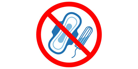 Prohibited sanitary products sign icon showing blue pads and tampons inside red warning circle for bathroom disposal waste policy. © Shan masih