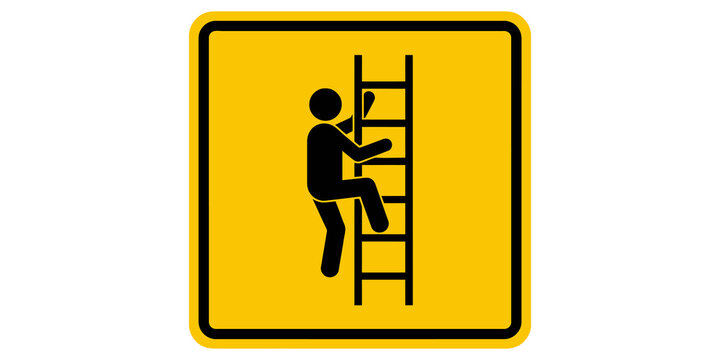 Ladder climbing worker warning sign yellow square icon for workplace safety.