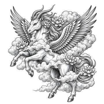 Vintage engraving illustration of a winged unicorn with lotus and clouds