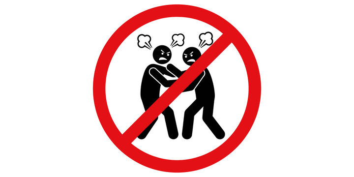 Prohibition sign against fighting featuring two aggressive human figures with steam clouds and red cross out circle for conflict resolution.