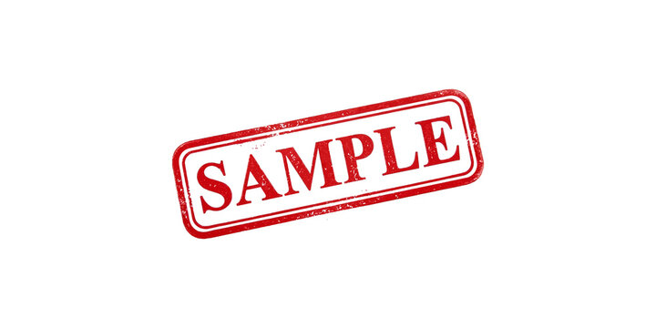 Red sample rubber stamp with grunge texture isolated on transparent background for document preview and product testing branding.