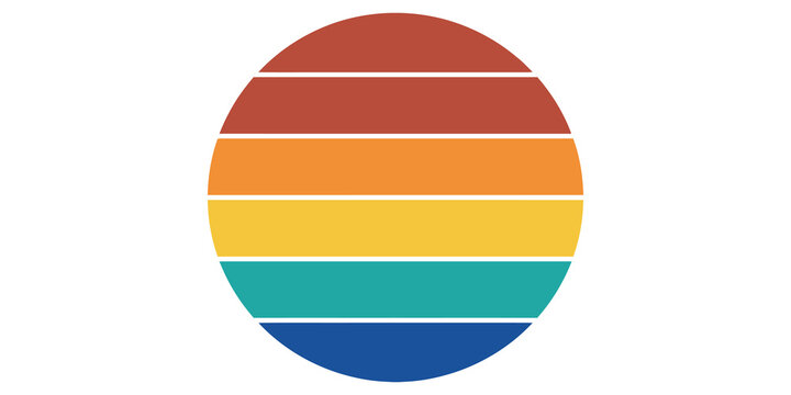 Retro sunset circle with colorful horizontal stripes in vintage summer style for apparel design.