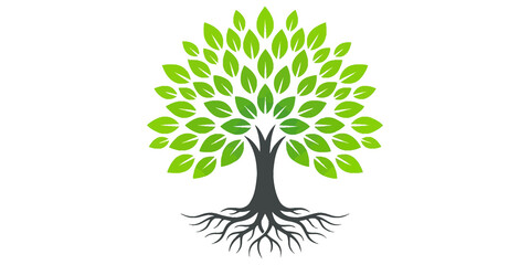 Vibrant green tree illustration with detailed foliage and exposed roots for eco friendly branding. © Shan masih