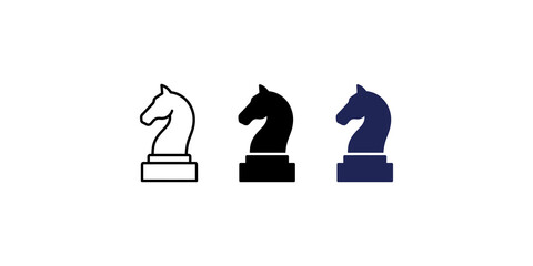 Three stylized chess knight icons featuring outline solid and dark blue vector designs for strategic game development and branding. © Shan masih