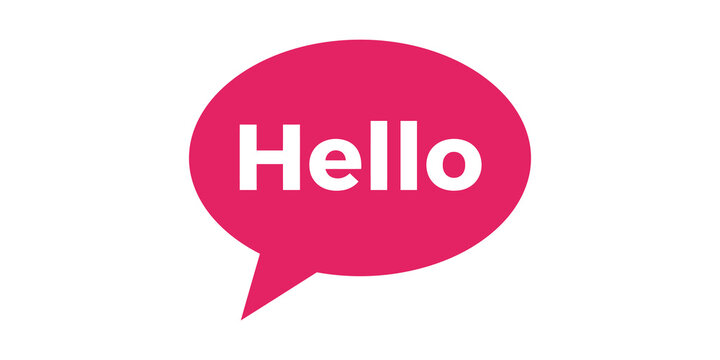 Pink speech bubble icon with hello text message design element for social media communication and digital chat interfaces.
