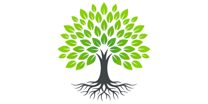Vibrant green tree illustration with detailed foliage and exposed roots for eco friendly branding.