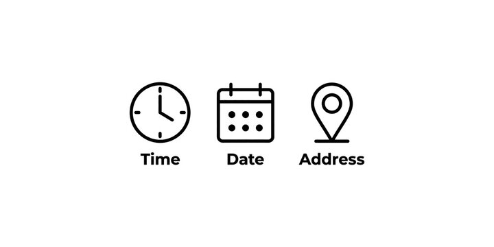 Essential navigation icons for time date and location features with simple line art design for mobile applications and websites.