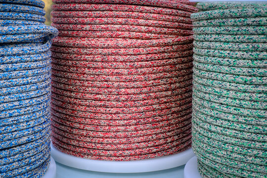 Modern sailing rope, colourful spool of Double Braided covered Dyneema strong ropes for Sailing.