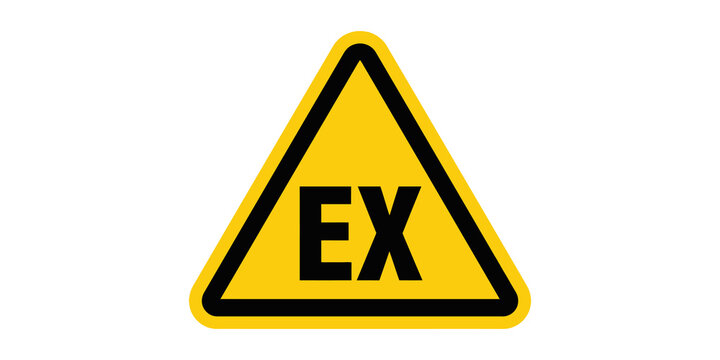 Explosive warning hazard sign yellow triangle with black ex letters.