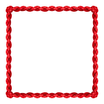 Red braided rope frame square border made from twisted nautical cord isolated for design projects on transparent background