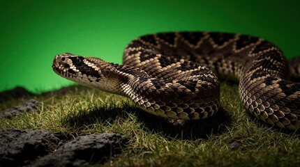 Naklejka premium Close up of venomous snake crawling on grass, rocks. Wild reptile slithers through green habitat with dark scale patterns. Predator moves across textured ground in nature, looking dangerous,