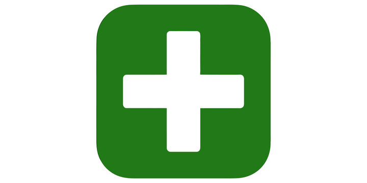 Green rounded square icon with white plus symbol for healthcare and addition functionality.