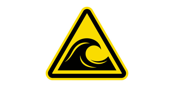 Tsunami warning sign ocean wave graphic yellow triangle for maritime safety.