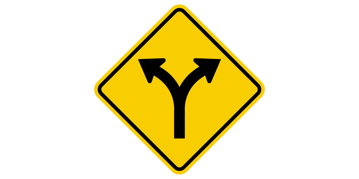 Yellow diamond road sign with black fork arrows indicating split lane direction for traffic navigation and highway management.
